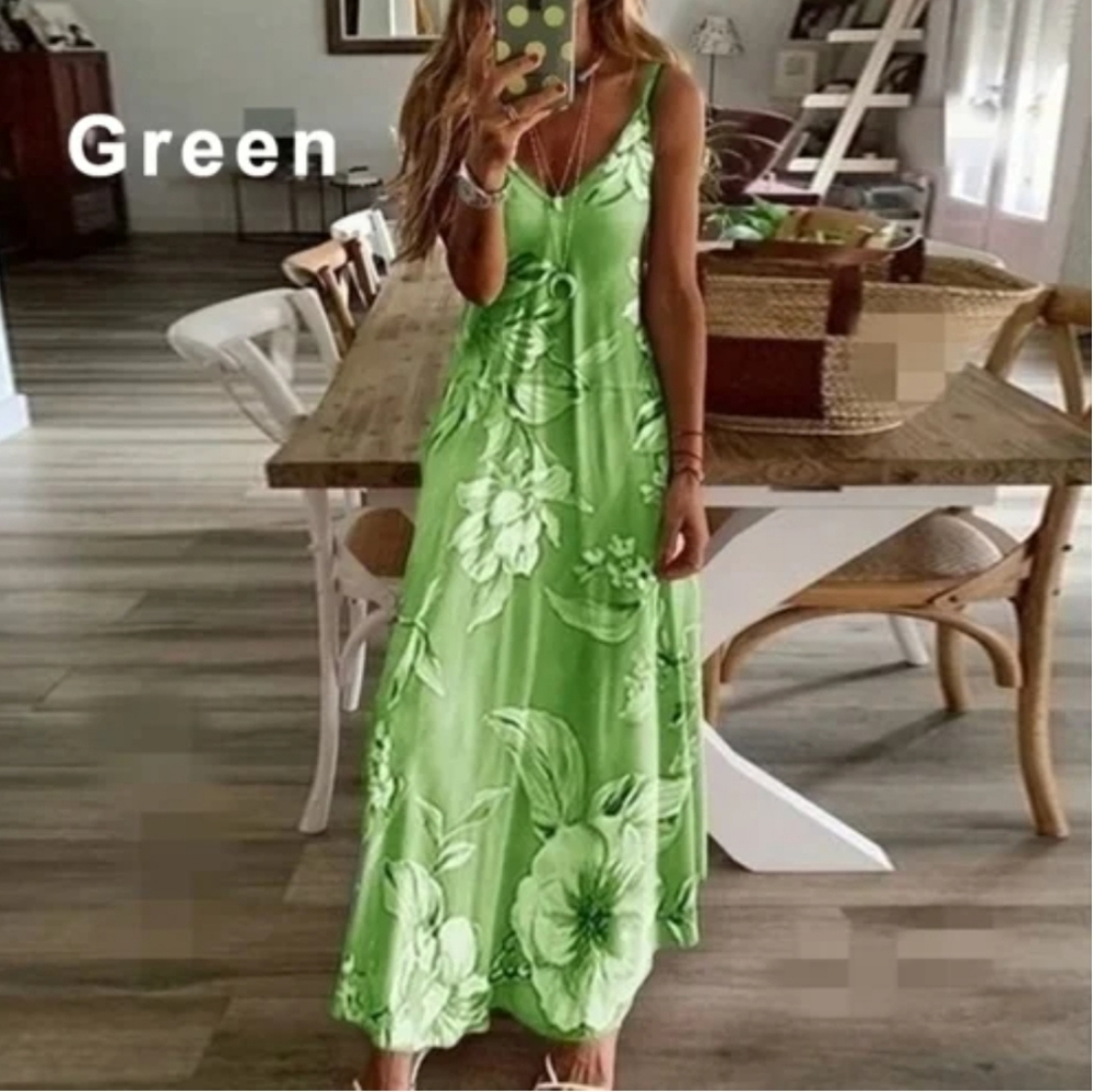 NEW Summer Flowing Maxi Dress GREEN FLORAL - Picture 1 of 5